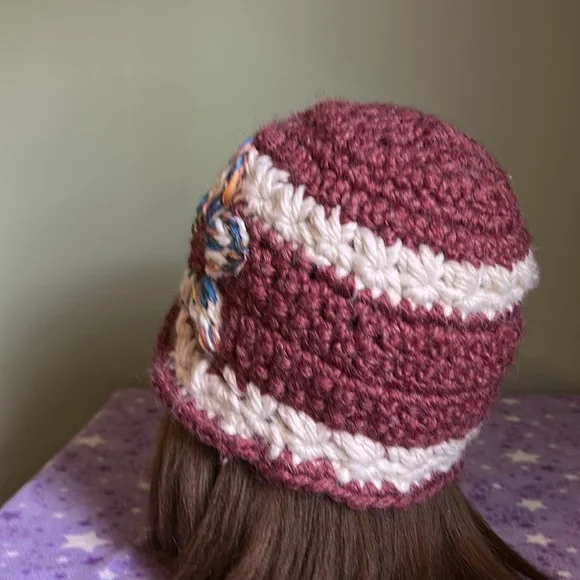 Handcrafted dark cherry Crochet Hat with Floral Accent medium extremely warm - Picture 7 of 10